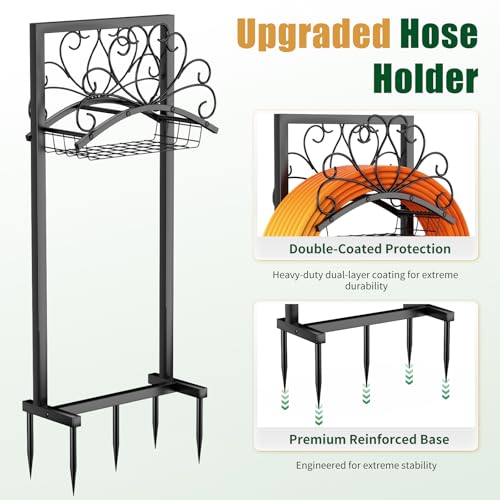Garden Hose Holder, Heavy-Duty Metal Water Hose Holder with Detachable Storage Basket, Freestanding Hose Stand & Organizer for Outside Yard Lawn, Rust-Resistant Hose Rack for Easy Hose Storage
