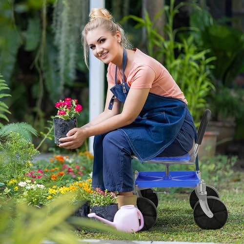 Rolling Garden Work Seat with Wheels | Stable Workseat Sturdy Carts Adjustable Seat Height and Direction with Tool Tray | Garden Chair for Outdoor, Patio and Yard, Blue Blue - color: Blue