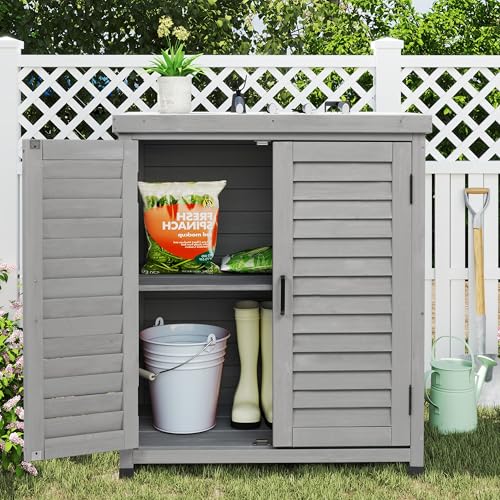 Outdoor Storage Cabinet & Potting Bench Table with Metal Top, Wooden Patio Furniture, Garden Workstation (Accent Grey, 36x31x17in) - color: Accent Grey, size: 36x31x17in