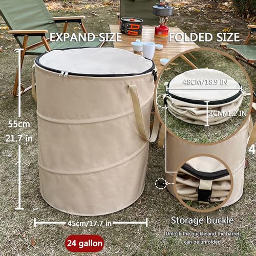 Pop up Camping Trash can with lid,Collapsible 24 Gallons Trash can with Sorting Clips,Garden Garbage Bag with Lid,Lawn and Leaf Bags - Reusable Yard Waste Bags (Beige Coffee) - color: beige coffee