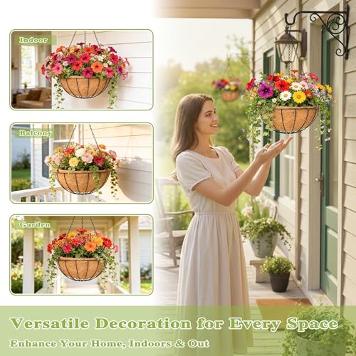 4 Pack 14 Inch Hanging Baskets for Plants Outdoor Metal Hanging Planter Hanging Flower Baskets with Coco Fiber Liners Chain Round Wire Plant Holder Hanging Flower Pots(Watermelon) - style: Watermelon