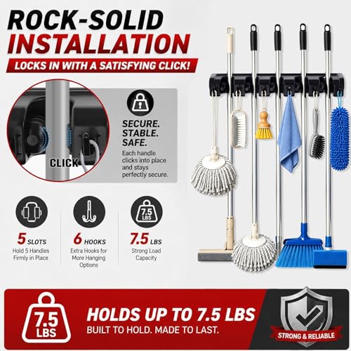 HYRIXDIRECT Broom Hanger Wall Mount Broom and Mop Organizer Wall Hanging Garden Tool Organizers Rack Garage Laundry Room Organizations and Storage with Hooks Heavy Duty - color: Black