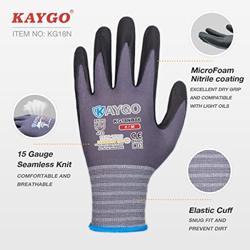 KAYGO Safety Work Gloves, MicroFoam Nitrile Coated, Men Women,KG18N - color: Gray, size: Medium