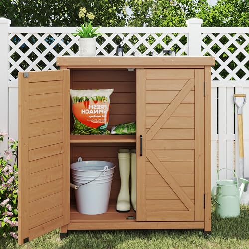 Outdoor Storage Cabinet & Potting Bench Table with Metal Top, Wooden Patio Furniture, Garden Workstation (Light Brwon, 36x31x17in) - color: Light Brwon, size: 36x31x17in