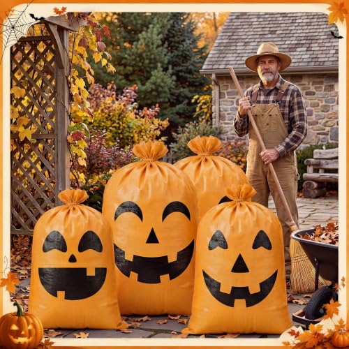 Pajean 6 Pcs Halloween Pumpkin Leaf Lawn Bags Reusable Woven Fall Yard