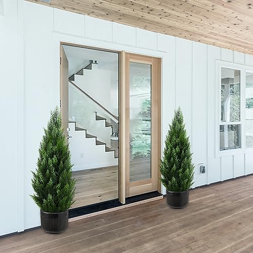 3FT Artificial Topiary Tree Beautiful Realistic Faux Cedar Pines Trees UV Rated Fake Shrubs for Front Porch Faux Plants Indoor and Outdoor Decor (2 Pack) - size: 3FT