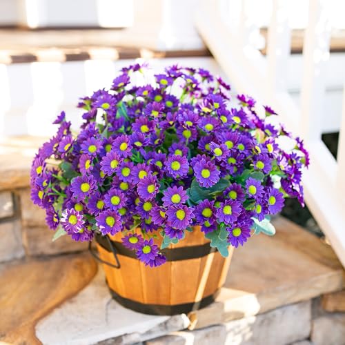 Daisy Artificial Flowers for Outdoors Autumn Fall Decoration, 6 Bundles Fake Mums Purple Silk Flowers for Outside Look Real UV Resistant Faux Flowers Plants for Planter Front Door Home Indoor Porch - color: Purple