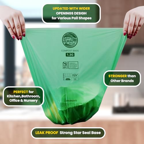 Compost Bags 1.3 Gallon,100 Count,Compostable Small Trash Bags for Kitchen Countertop Compost Bin 0.75, 1,1.2, 1.3Gallon,ASTM D6400, US BPI and Europe OK compost HOME certified - color: 1.3G-100ccount