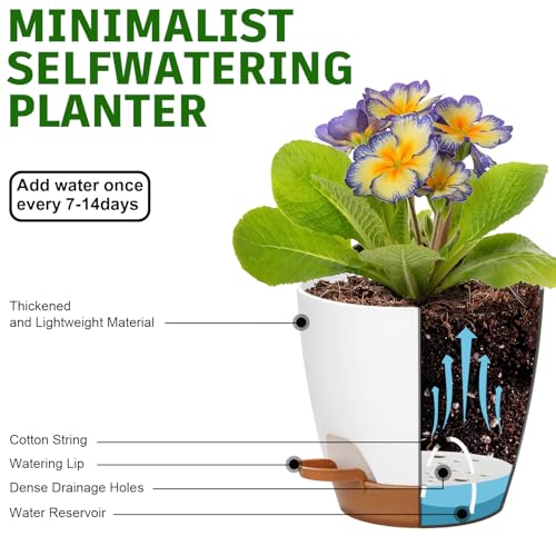 5-Pack Plant Pots with Drainage 7/6.5/6/5.5/5 Inch Self Watering Pots for Indoor Outdoor Plants, Plastic Flower Pots with Drainage Holes and Removable Saucers, Plant Pots with Wicking Rope (White)