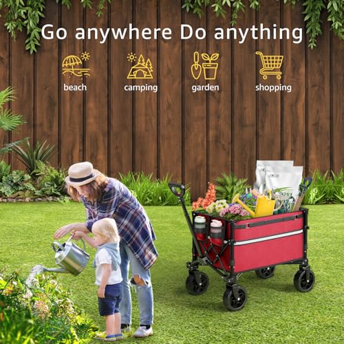 ROSONG Collapsible Wagon Cart with Wheels Foldable - Folding Utility Heavy Duty Wagons Carts for Grocery Sports Garden Shopping Camping Wheelbarrows, Burgundy - color: Burgundy, size: 120L
