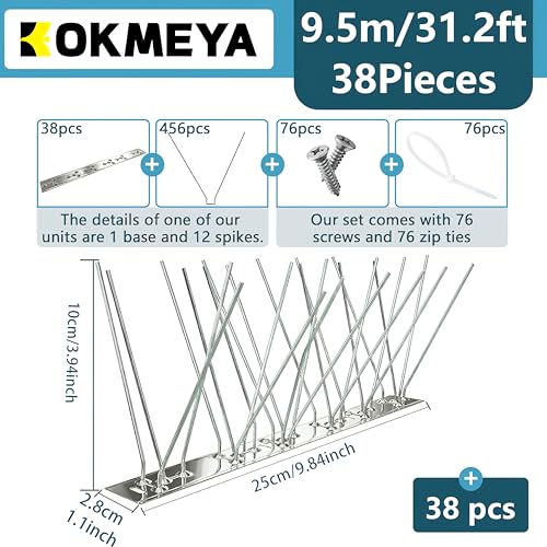 Bird Spikes 31FT, 304 Stainless Steel Bird Deterrents Spikes for Outside to Keep Birds Away Birds Scare Devices Outdoor 38Pcs - size: 38 Set-31Ft