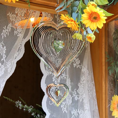 Phuryllic Wind Spinners Outdoor, Garden Decor, Bird Deterrents for Outside, 3D Metal Yard Decorations for Patio & Porch, Unique Gardening Gifts for Women & Moms - 2pcs Silver Heart - color: 2pcs Silver Heart