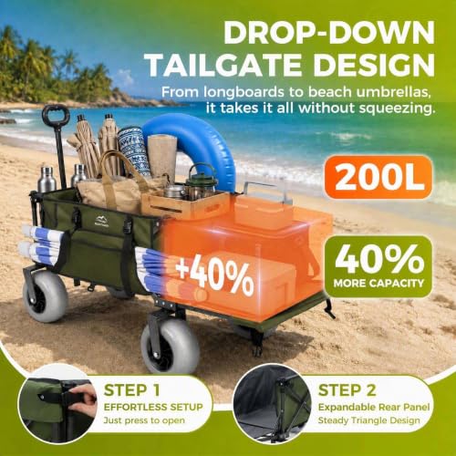 Beach Wagon with Extended Tailgate, 9" Big Sand-Proof Balloon Wheels, Heavy Duty 200L Oversized Foldable Beach Cart, 440LBS Utility Wagon with Side Pocket for Sand,Camping,Vacation - color: Green