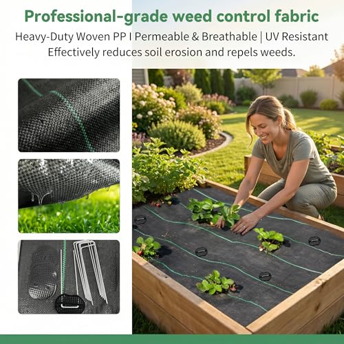 4FT x 100FT Weed Barrier Landscape Fabric, 2oz Heavy Duty Ground Cover with 30 U-Shaped Stakes, Ground Cover for Garden Beds, Farming and Landscaping