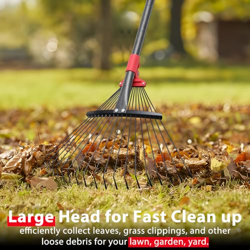 Rake for Leaves, Adjustable Garden Leaf Rakes for Lawns Heavy Duty, Metal Rake with 18 Clog-Free Tines, 9”-17” Collapsible Head, 6 ft Long Handle, Yard Tools for Gardening Camping Fast Cleanup - style: 6 FT