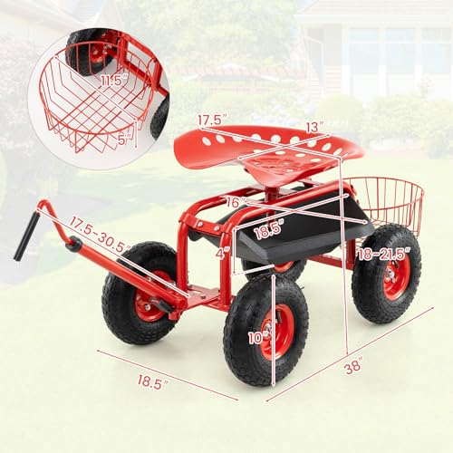 Rolling Garden Seat, Garden Stool with Wheels, Extendable Handle, Storage Basket & Tool Tray, Garden Scooter with 360 Degree Swivel Seat for Outdoor, Garden & Yard (Red) - color: Red