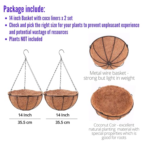 LaLaGreen Round Hanging Baskets (14 in, 2 Pack) Black Metal Coco Liner Pots - size: 14" x 2 Pack