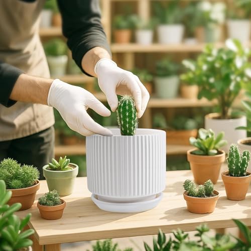 Ceramic-5.1-inch-Flower-Pots-with-Saucer, Small Planters for Indoor Plants with Drainage Hole, White Textured Vertical Stripe Plant Pots for Home Decor, Garden Pot For Succulent Cactus Mint Basil Herb - color: White, size: 5.1 inch