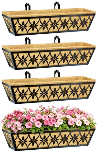 24 Inch Window Boxes Planters Railing Planter Box - 2 Pack Deck Railing Planter Boxes with Adjustable Brackets Coco Liners Balcony Planters Railing Hanging for Window Flower Boxes Outdoor Garden Decor - size: 24 Inch