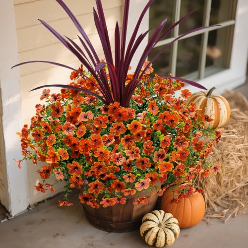 Fall Flowers Artificial Mums for Outdoors Autumn Decor, 12 Bundles Orange Fake Fall Mums with 1 pcs Burgundy Orchid Leaf UV Resistant Look Real Faux Flowers for Outside Planter Home Porch Patio Yard - color: Orange