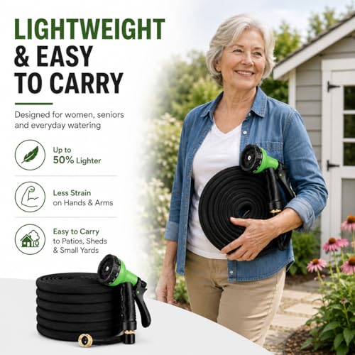 100FT Non-Expandable Flat Garden Hose with 10 Function Nozzle,No-Kink,Deep Black - color: Deep Black, size: 100FT