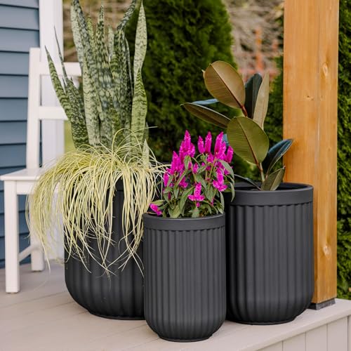 Beuta Large Poly Planters for Outdoor Plants - Set of 3, 15/18/20 Inches Outdoor Planters for Porch - Tall Planter for Outdoor & Indoor Plants | Large Indoor Plant Pot - USA Made - Black - color: Fluted - Black