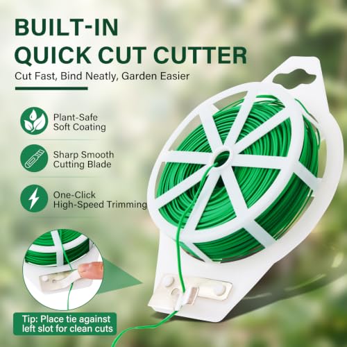 Twist Ties, 328 ft, Green Cable tie roll with Cutter, Reusable, Suitable for Gardening Plant Growth Care, Office and Home Cable and Bag Organization