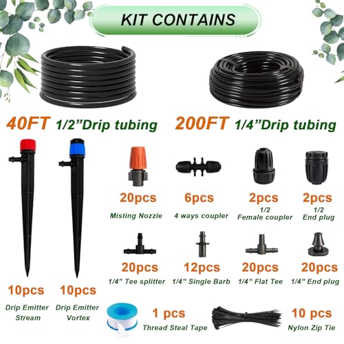 240FT Drip Irrigation System,Irrigation System for Garden with 1/2 inch Hose 1/4 inch Distribution Tubing and Accessories,Drip Irrigation Parts Garden Watering System - size: 135PCS