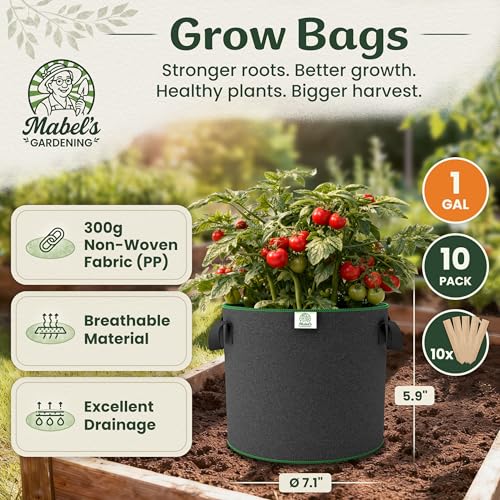 Mabel's Gardening 10-Pack 1 Gallon Grow Bags - Garden Planting Bags 7.1 x 5.9 INCH Made of 8.85 oz/yd² (300g/m²) Felt & Fleece Fabric Plant Pot, Plant Bag, Grow Bag for Basil Oregano Tomato - color: 10-pack, size: 1 Gallon