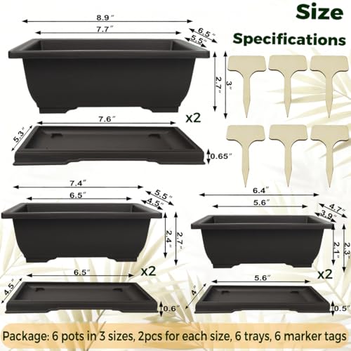 MUZHI 6Pack Plastic Bonsai Pot with Drainage Drip Tray, Retro Style Rectangle Garden Plant Pots Bonsai Planters Nursery Pots Maceta Cuadrada with Tray (2pcs 9"+2pcs 7.5"+2pcs 6.5") - size: 2pcs 9"+2pcs 7.5"+2pcs 6.5"