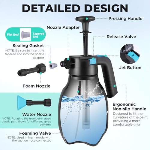 HAUSHOF Hand Pump Sprayer 1/2 Gallon, Pressure Garden Spray Bottle for Plants, Weeds, Flowers, Foam Sprayer Car Detailing with 2 Adjustable Nozzles, Lawn Watering & Outdoor Cleaning, 2L