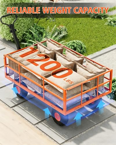 Heavy Duty Steel Garden Cart - 1200 lbs Capacity Utility Wagon, Removable Sides, 2-in-1 Handle, 13" Wheels for Yard, Lawn, Garden Work - Orange (Pantone Orange 021C, HEX #FF7F00) | 1200 lbs | - color: Orange, size: 1200 LBS