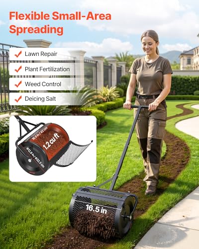 VEVOR Compost Spreader, 16.5" Wide Peat Moss Spreader with T Shaped Handle, 3 Heights Adjustable, Powder-Coated Steel Garden Peat Moss Roller, Heavy Duty Grass Seed Roller for Planting Seeding, Black - style: 16.5in