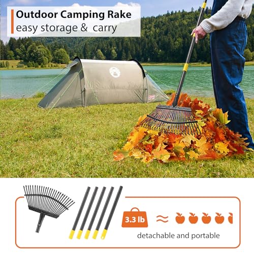Rake, Gardening Rakes for Leaves Lawns Heavy Duty, 79 in Leaf Rake with 25 Clog-Free Tines, 18.5” Wide Large Head, Metal Garden Tools for Yard Quick Cleanup Garss, Debris, Detachable for Camping - size: 6 ft Rake