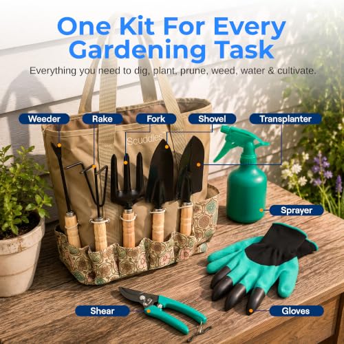 Scuddles 8-Piece Garden Tool Set with Carry Bag, Includes Shovel, Trowel, Rake & Hand Tools for All Gardening Tasks, Heavy Duty Lightweight Design 2.2 lb – Perfect for Men, Women & Gardening Gifts - color: Floral