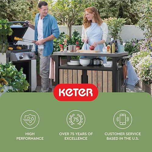 Keter Unity XL Outdoor Entertainment Cart with Wood‑Look Finish, 78‑Gallon Patio Storage Cabinet, Food Prep Station, Stainless‑Steel Top for BBQ, Grill, Patio, Deck & Backyard, Ashwood - color: Ashwood
