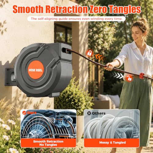 100FT Retractable Garden Hose Reel,5/8 Inch Wall Mounted Automatic Return, 180° Swivel Any-Length Lock, 9-Pattern Sprayer, Durable Water Hose Reel for Yard and Home - size: 100ft 5/8inch