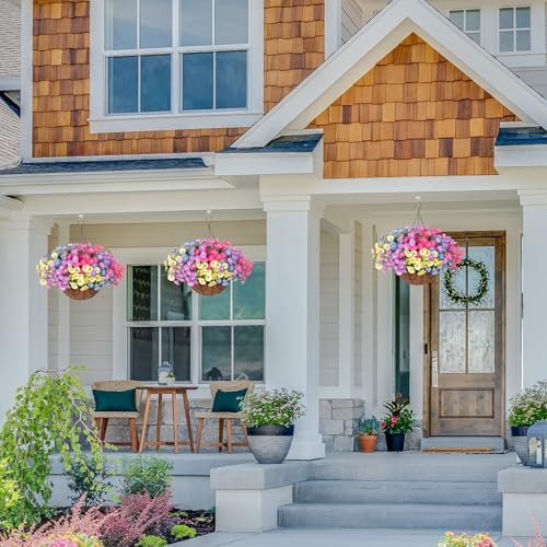 Artificial Fake Hanging Flowers Baskets for Outdoors Faux Plants Fall Outside Decor, UV Resistant Silk Morning Glory Flowers in Planter Realistic Petunias for Outdoor Porch Patio Garden Yard Home - color: B 4 Multicolor