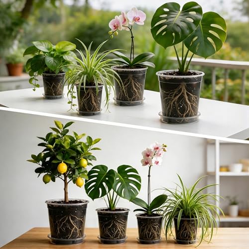 BTPLASTIK 0.5 Gallon Clear Nursery Pots with Saucers 10P, 6.5 Inch Round Plastic Plant Pots with Drainage Holes - size: 0.5 Gallon + Saucers 10P
