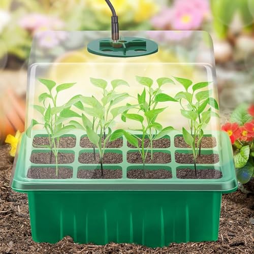 Seed Starter Tray with Light, 1PCS Seed Starter Kit with Grow Light, Seedling Starter Trays with Humidity Domes, Covers Height 3.9", Indoor Gardening Plant Germination Trays (12 Cells per Tray)