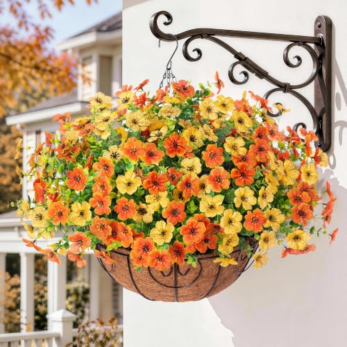 HyeFlora Artificial Fake Hanging Mums Plants Flowers Basket for Fall Autumn Outdoor Decor, Faux Silk Orange Dasiy Flower Look Real UV Resistant for Outside Porch Home Patio Garden Decoration - color: Yelloworange1