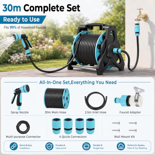Manual Garden Hose Reel with 100 FT Water Hose & 10-Pattern Nozzle, Portable Wall Mount Reel for Outside, Anti-Kink Outdoor Storage Rack with Crank Handle 30m - size: 30m