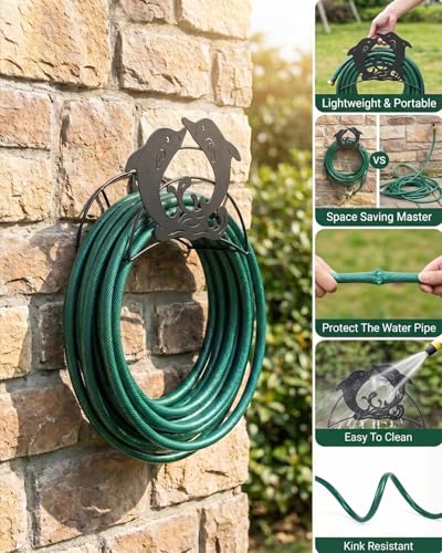 Dolphin Hose Holder Metal Wall Mount Heavy Duty 125'5/8" Garden Hose Hanger - color: Dolphin Ocean Art