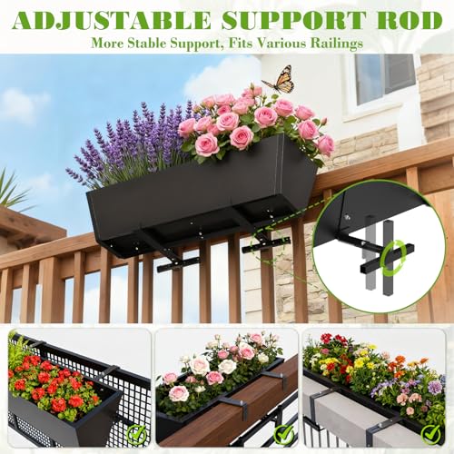 2 Pack 36 Inch Railing Planter Boxes, Heavy Duty Metal Hanging Planters with Adjustable Brackets, Outdoor Balcony Flower Box for Deck, Fence, Porch Railings - color: Black, size: 2PCS
