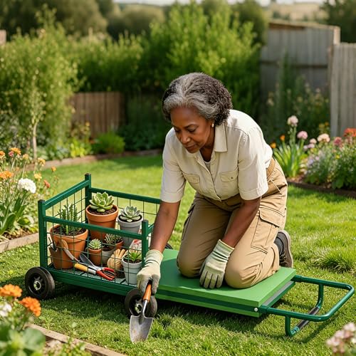 Extra-Large Rolling Garden Cart and Kneeler, 4-in-1 Garden Seat with Wheels
