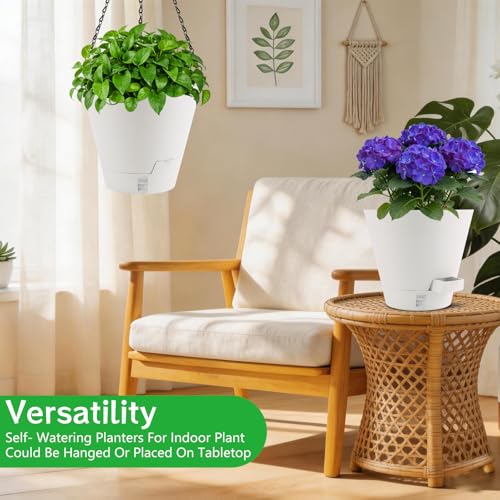 8 Inch Hanging Planters Indoor Outdoor, 3 Pack Plastic Self Watering Plant Pots with Drainage Holes & Saucers, Hanging Baskets Flower Pots with Chain for Ivy, Spider Plant, Pothos, Ferns - color: White