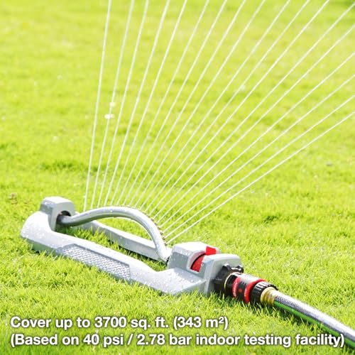Eden 96218 Heavy Duty Turbo Oscillating Sprinkler, Covers Up to 3,700 sq. ft., 18 Brass Nozzles, Weighted Aluminum Base, Adjustable Range, Quick Connect Bundle, Silver, Red, Black - style: Metal