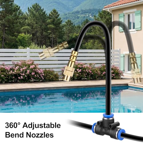 100FT Drip Irrigation System Kit, 1/4 Inch Garden Watering System with 16 Adjustable Brass Nozzles, Automatic Misting Watering Kit for Raised Beds, Greenhouse, Lawn, Patio, Yard