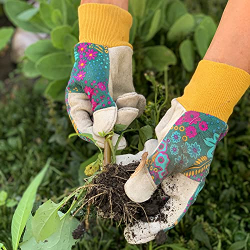 Wells Lamont Women's Gardening Gloves, Leather Palm, Botanical, Large