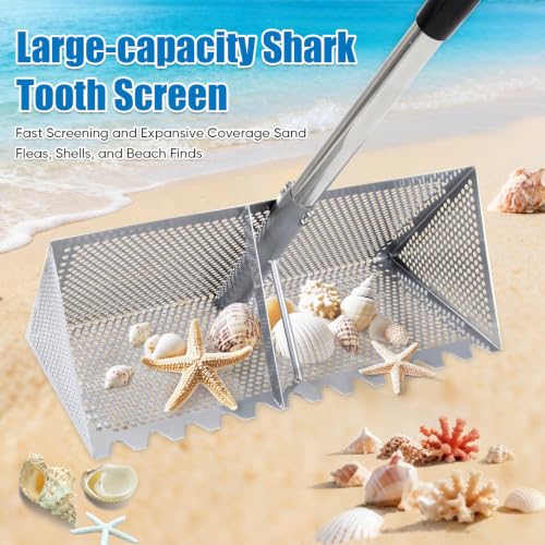 Sand Flea Rake, Long Handle Sand Sifter for The Beach, Stainless Steel Shark Tooth Sifter Comes with A 16-Inch Wide Mesh Screen for Collecting Fleas, Shark Teeth, and Seashells